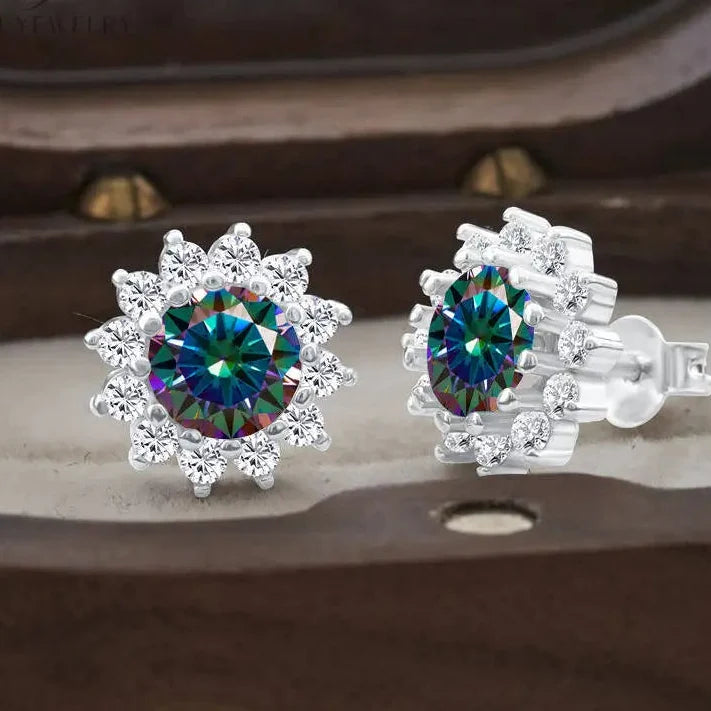 Moissanite Sunburst Halo Stud Earrings in Sterling Silver
