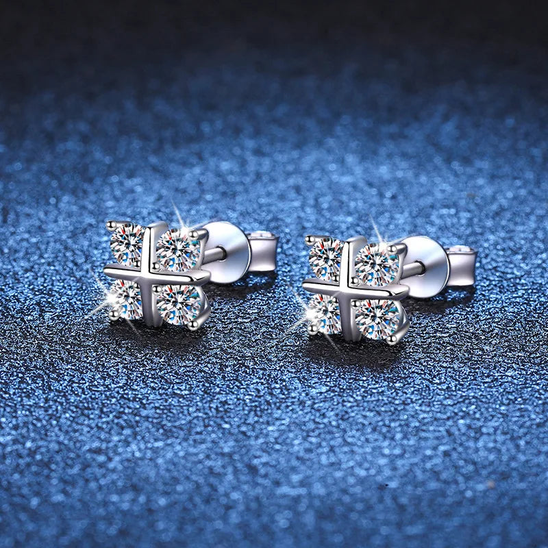 Four-Stone Cross Moissanite Stud Earrings in Silver