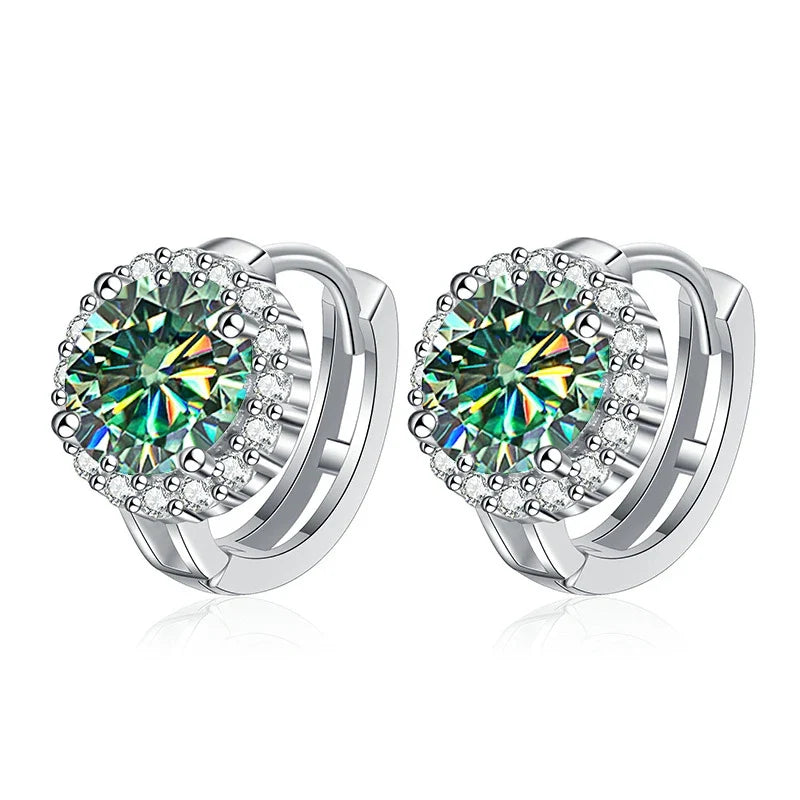 Colored Round Halo Moissanite Hoop Earrings in Silver