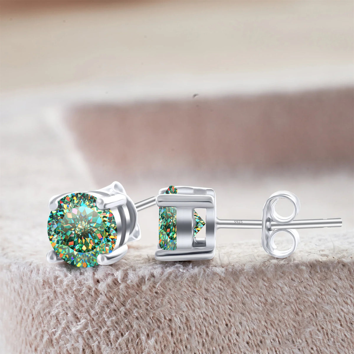 Colored Four-Prong Moissanite Stud Earrings in Sterling Silver