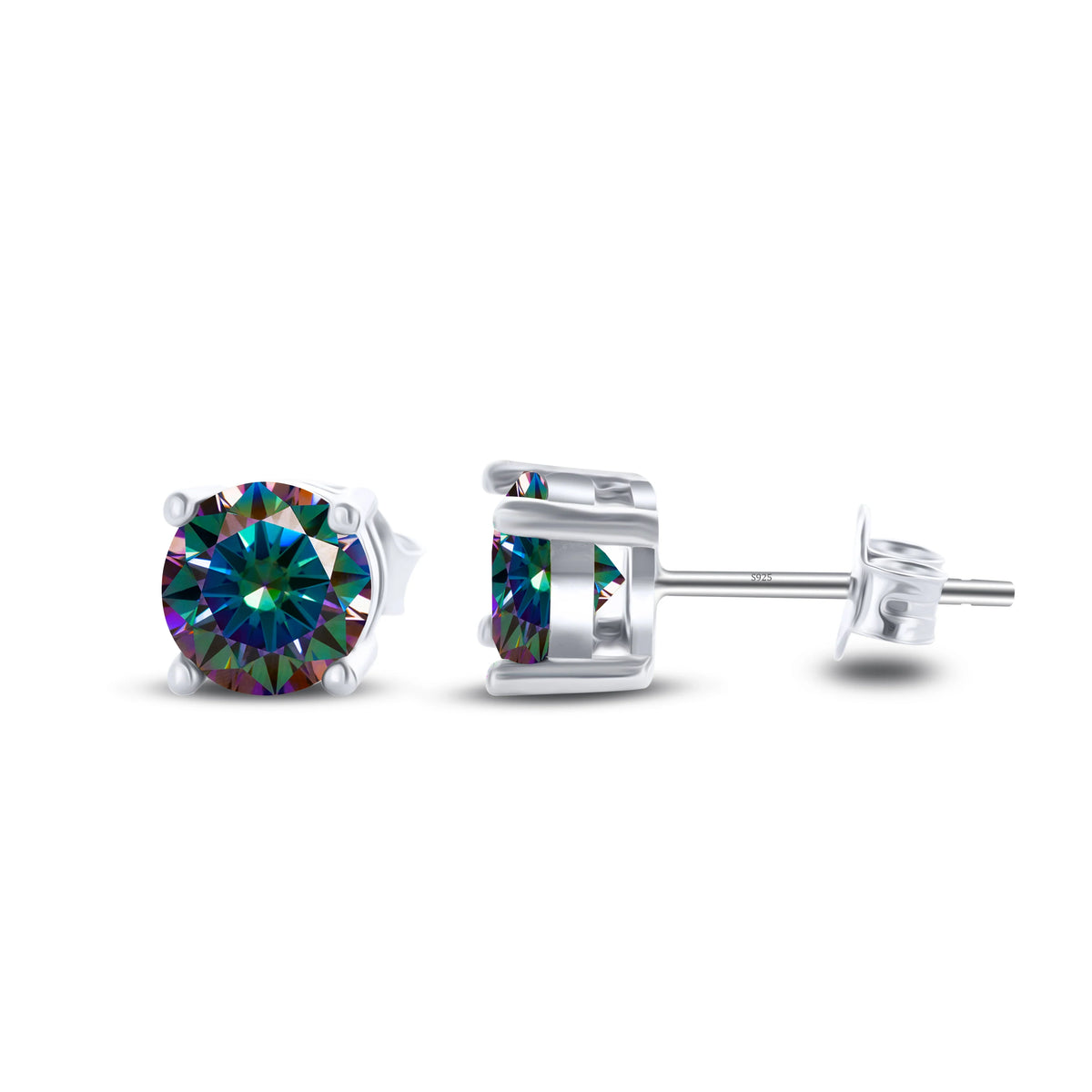 Colored Four-Prong Moissanite Stud Earrings in Sterling Silver