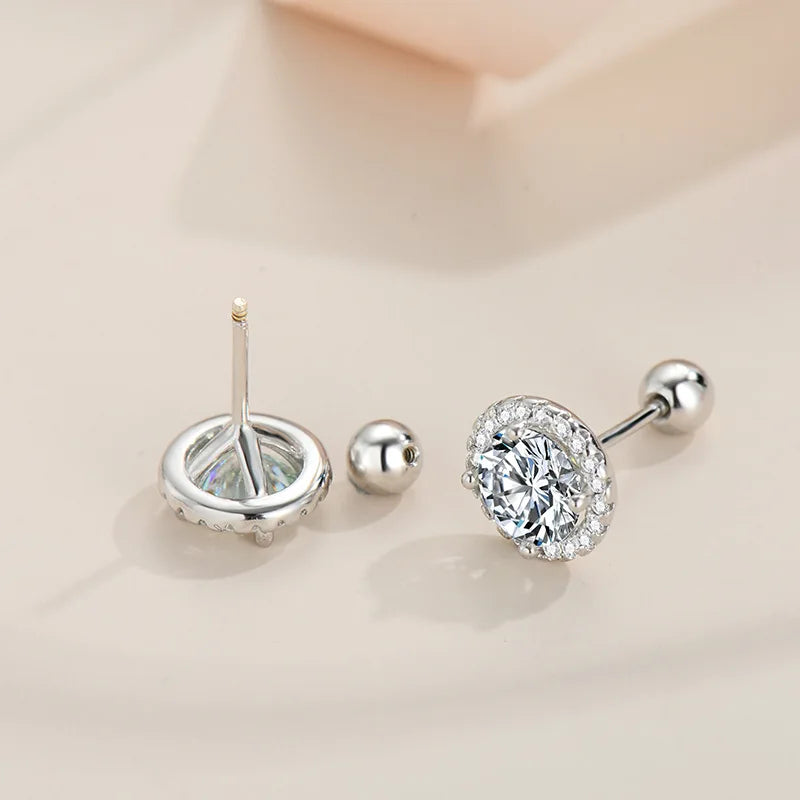 Round Halo Moissanite Stud Earrings with Screw Ball Backs