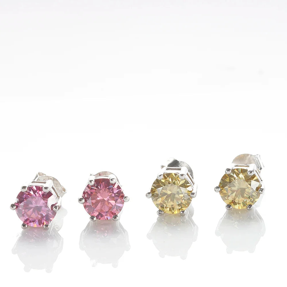 Six-Prong Moissanite Stud Earrings in Pink, Blue, Green & Yellow