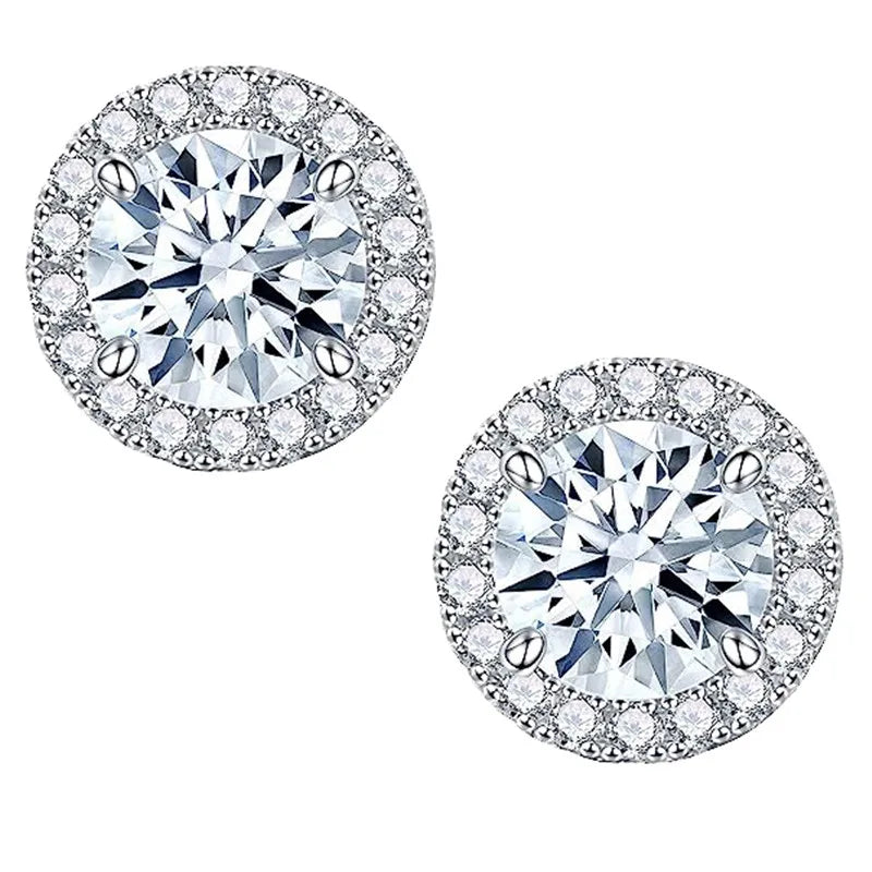 Round Halo Moissanite Stud Earrings with Screw Ball Backs