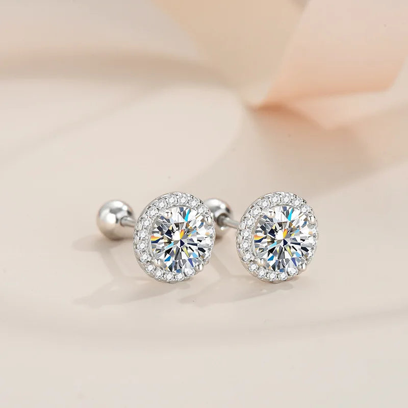 Round Halo Moissanite Stud Earrings with Screw Ball Backs