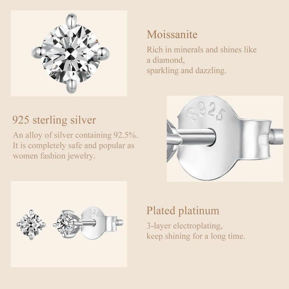 Round Moissanite Push-Back Stud Earrings in Sterling Silver