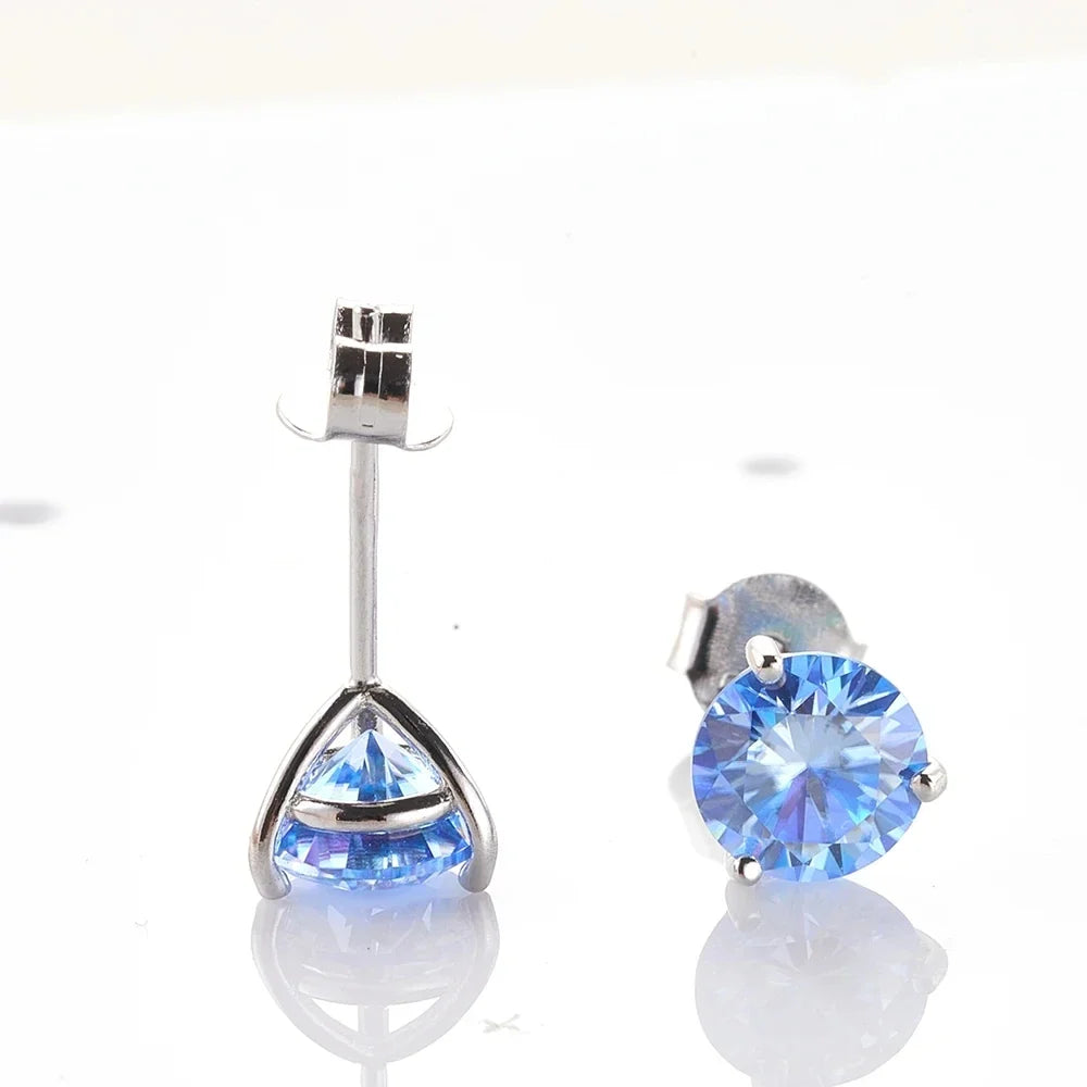 Colored Three-Prong Moissanite Stud Earrings in Sterling Silver
