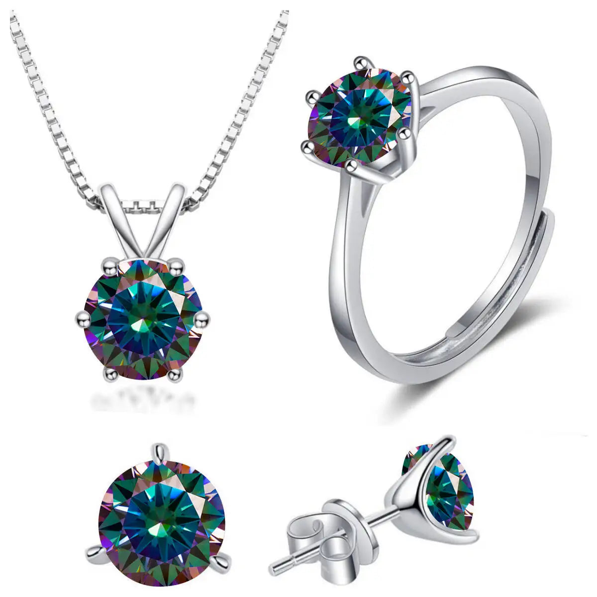 Colored Moissanite Necklace, Stud Earrings & Ring Set