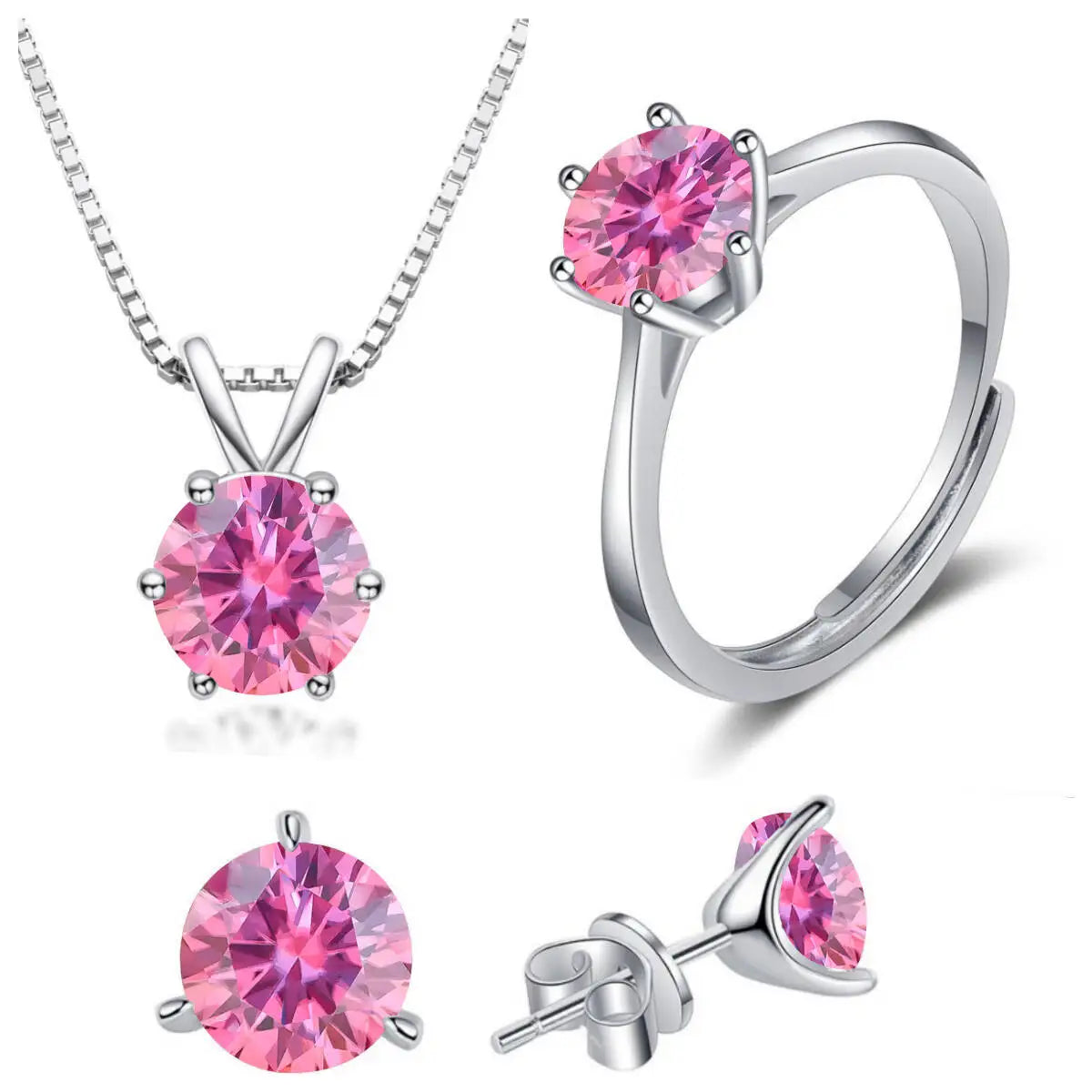 Colored Moissanite Necklace, Stud Earrings & Ring Set