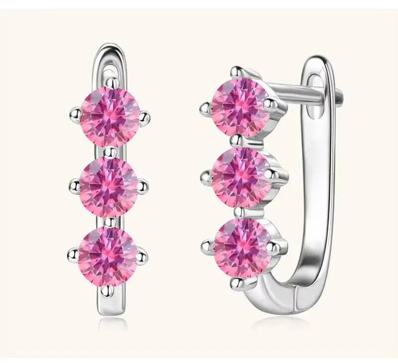 Colored Three-Stone Moissanite Hoop Earrings in Silver