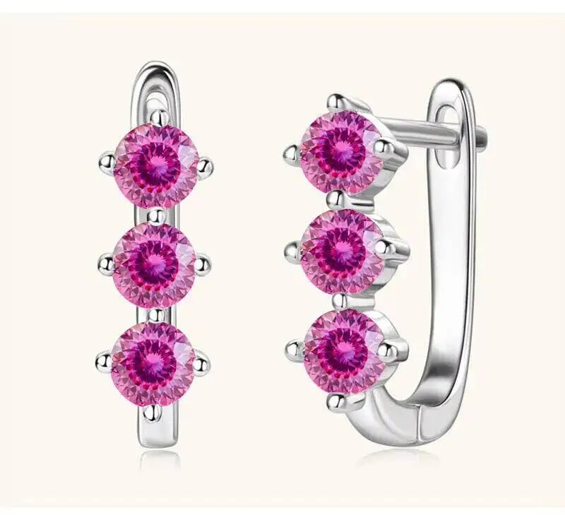 Colored Three-Stone Moissanite Hoop Earrings in Silver