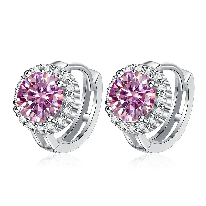 Colored Round Halo Moissanite Hoop Earrings in Silver