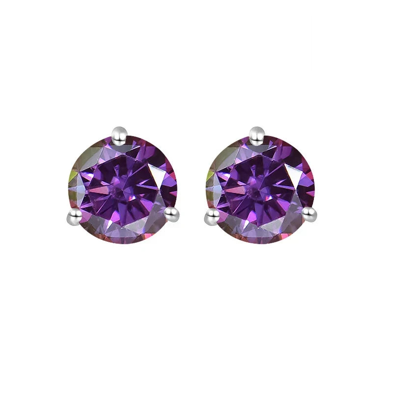 Colored Three-Prong Moissanite Stud Earrings in Sterling Silver