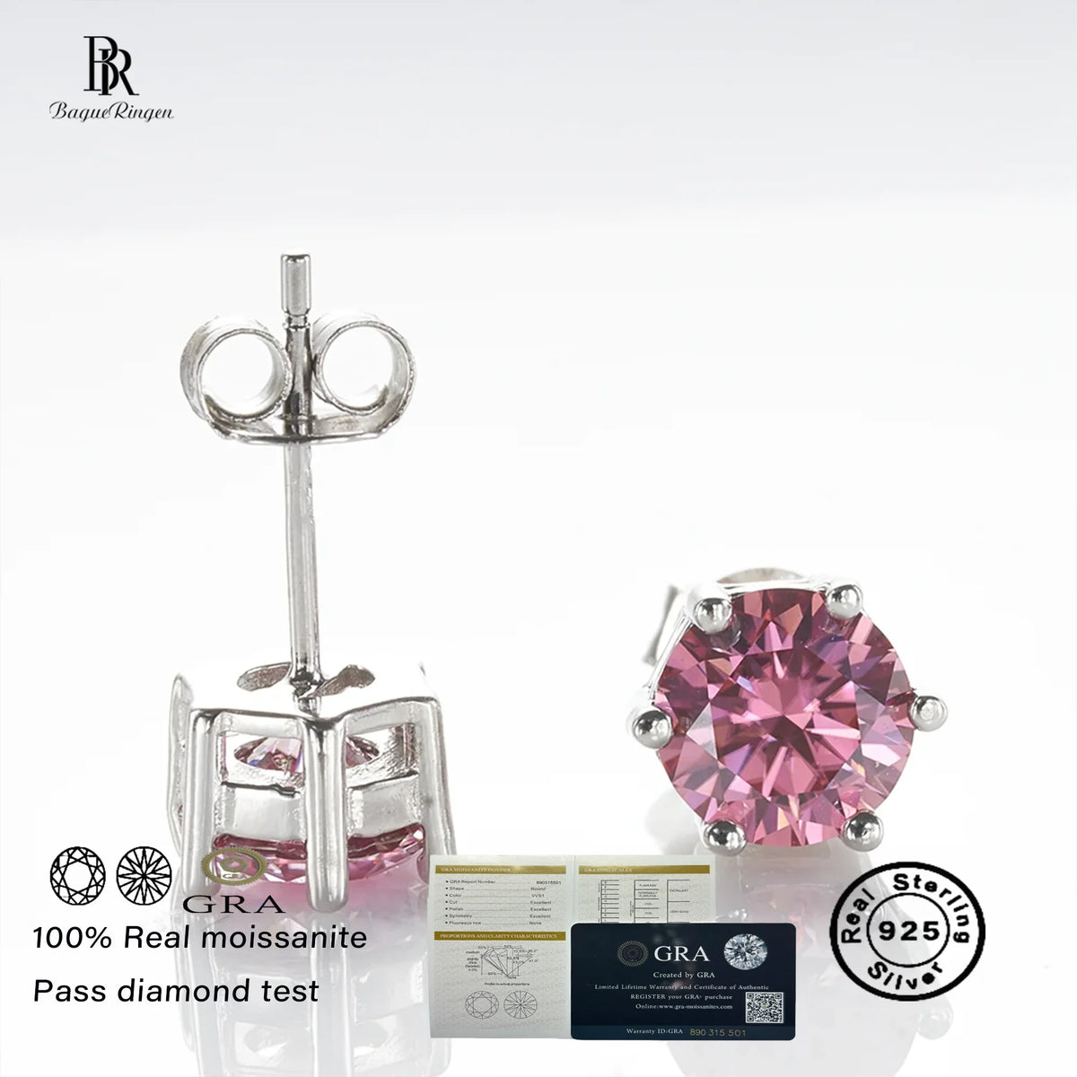 Six-Prong Moissanite Stud Earrings in Pink, Blue, Green & Yellow