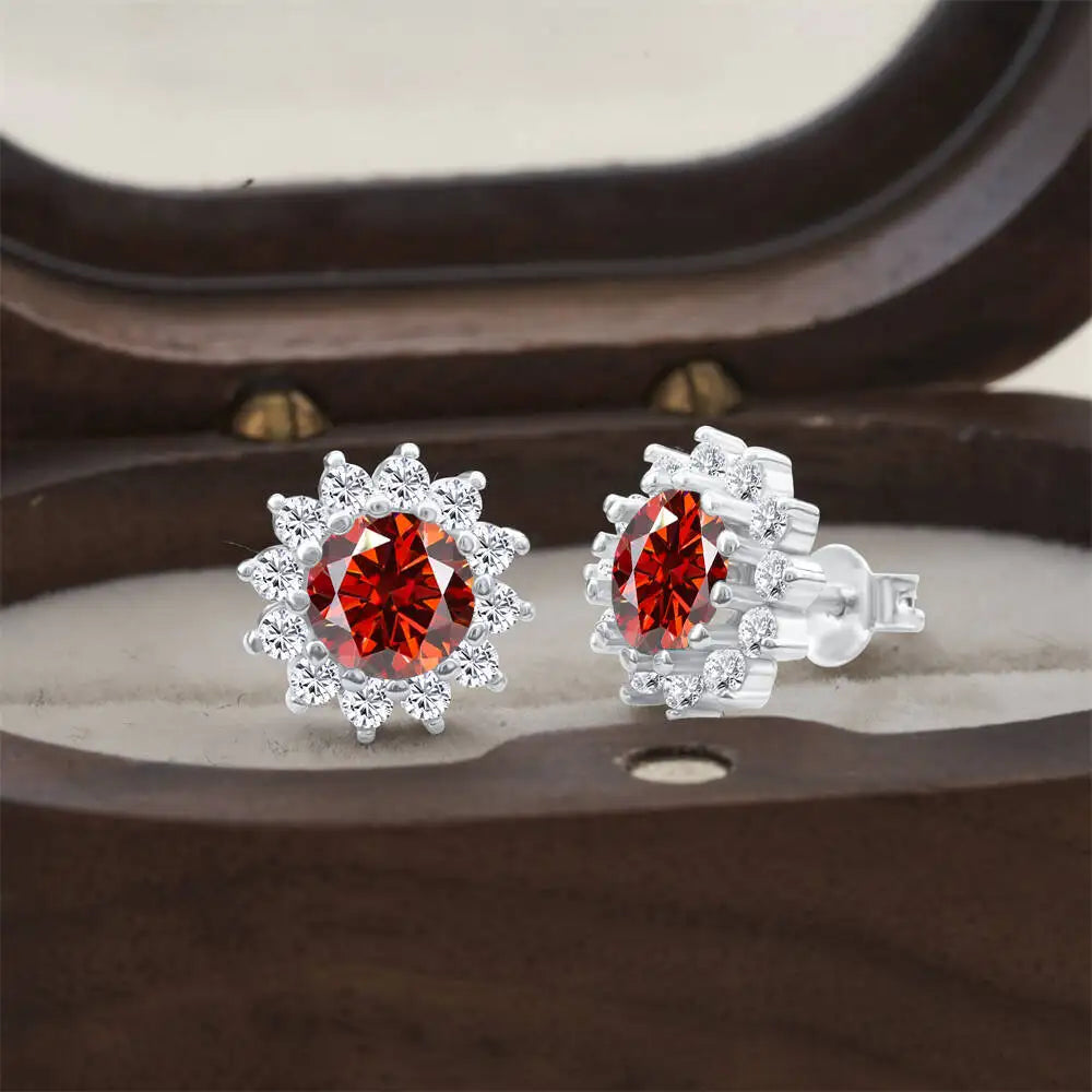 Moissanite Sunburst Halo Stud Earrings in Sterling Silver