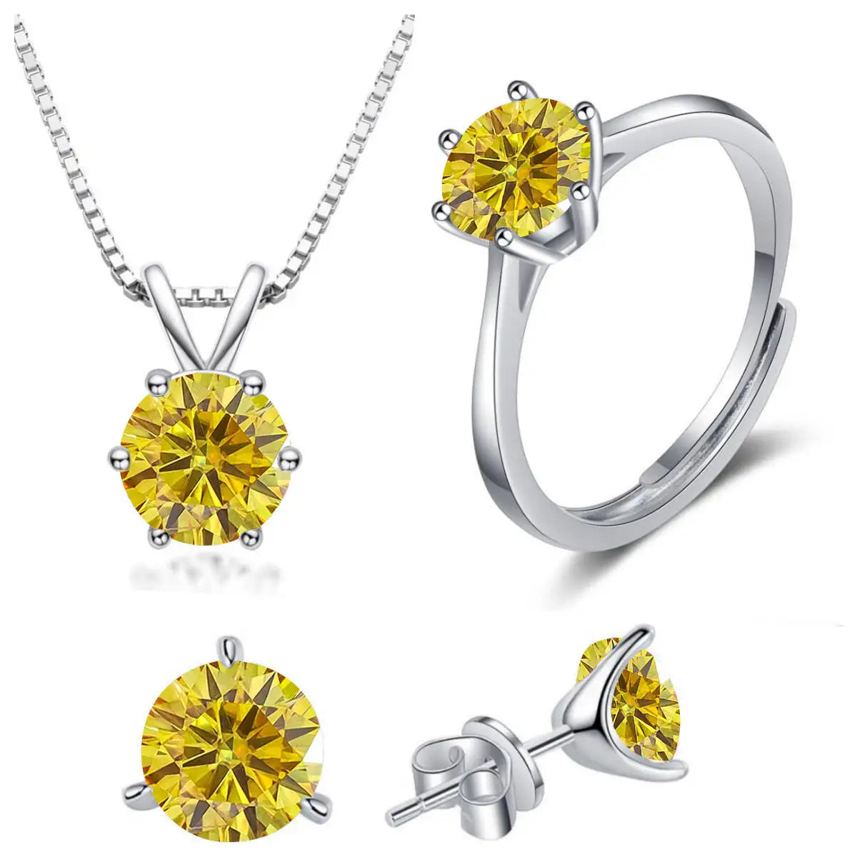 Colored Moissanite Necklace, Stud Earrings & Ring Set
