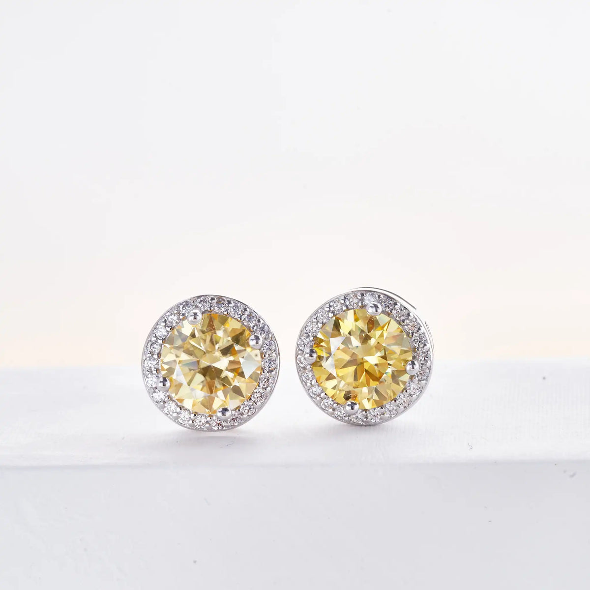 Colored Round Halo Moissanite Stud Earrings, 0.5 or 1 Carat