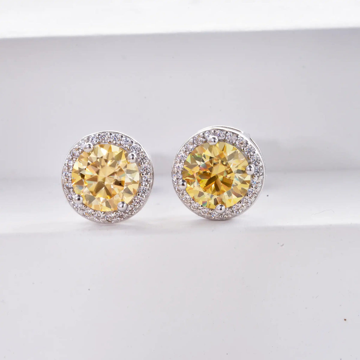 Colored Round Halo Moissanite Stud Earrings, 0.5 or 1 Carat
