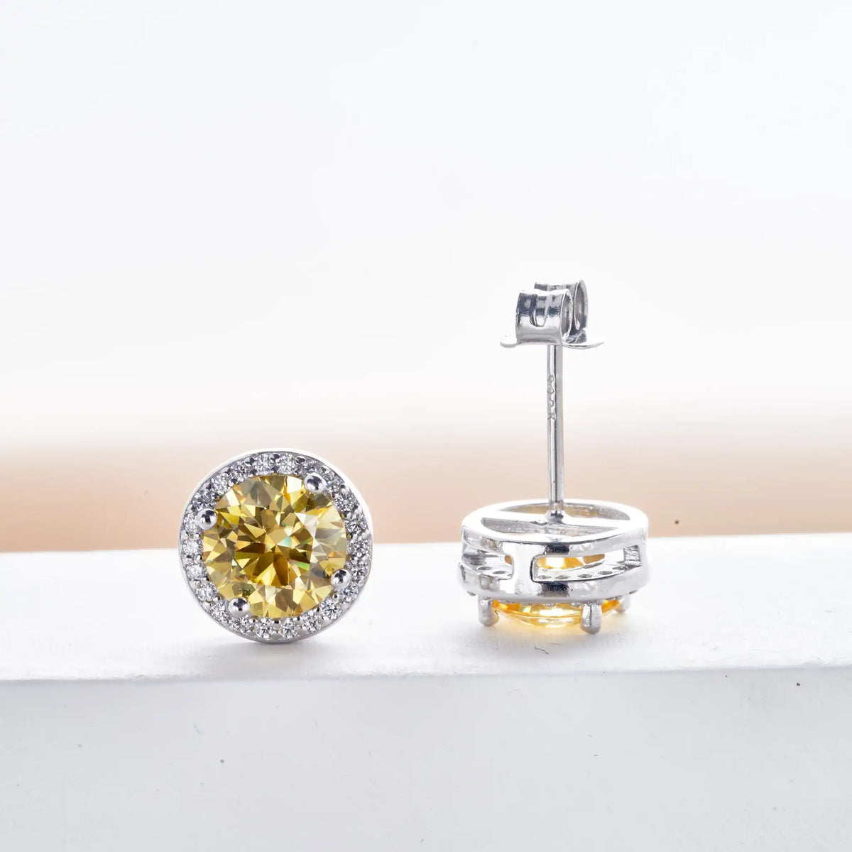 Colored Round Halo Moissanite Stud Earrings, 0.5 or 1 Carat