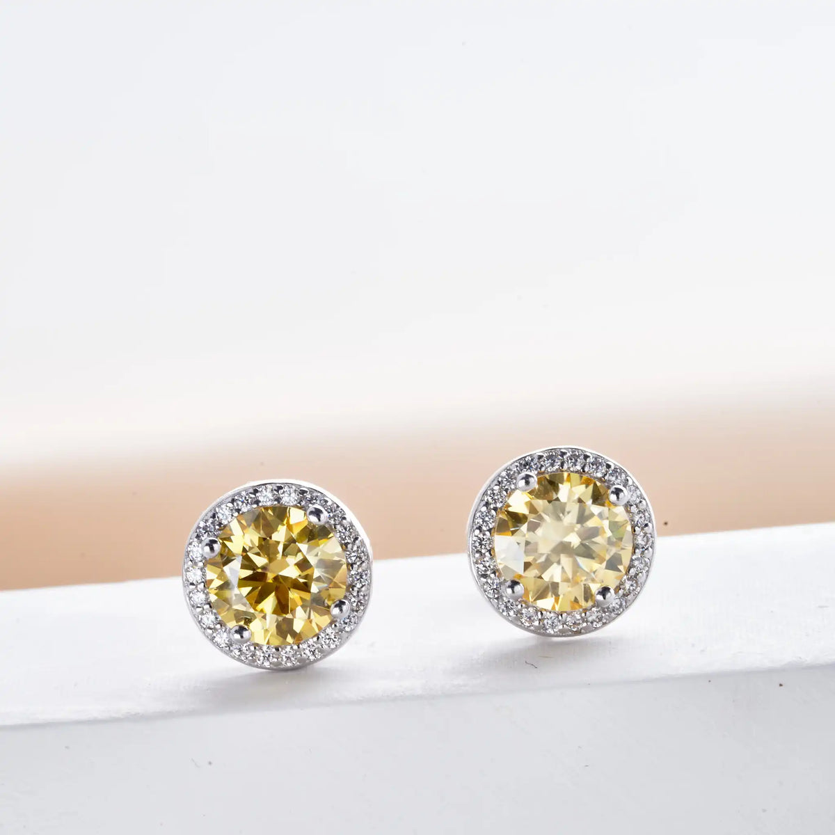 Colored Round Halo Moissanite Stud Earrings, 0.5 or 1 Carat