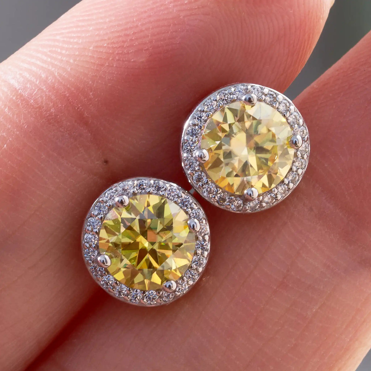 Colored Round Halo Moissanite Stud Earrings, 0.5 or 1 Carat