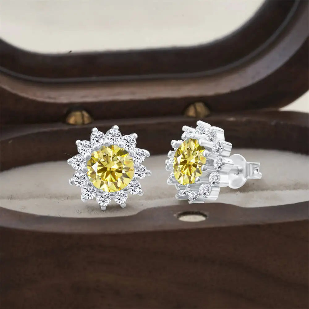 Moissanite Sunburst Halo Stud Earrings in Sterling Silver