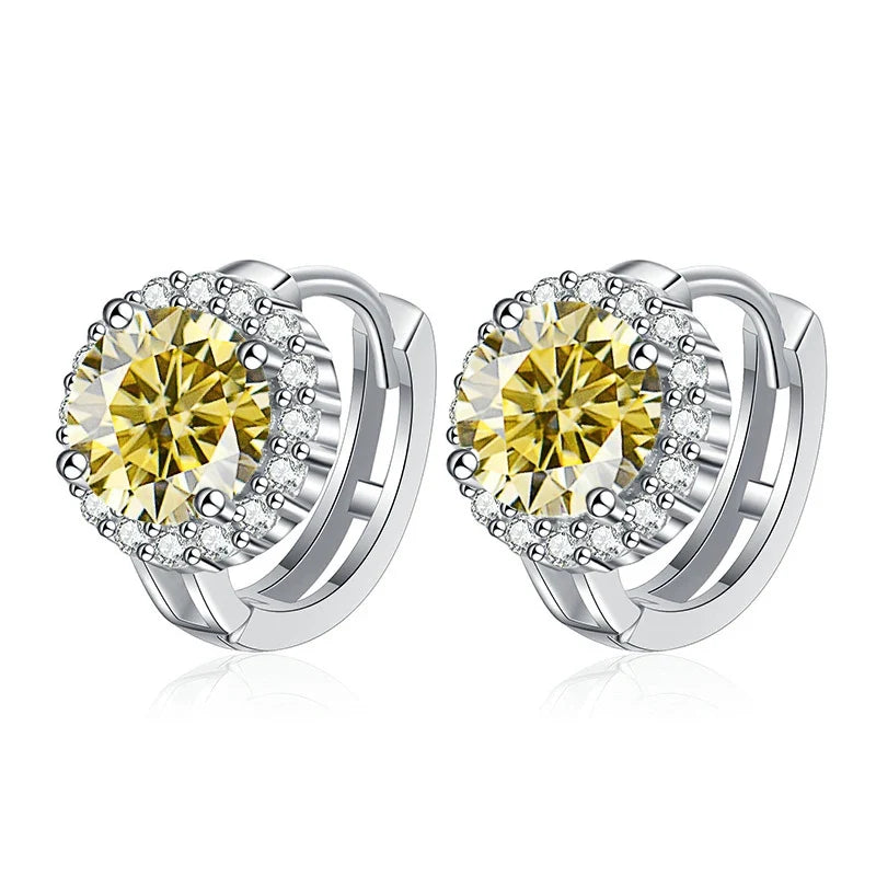Colored Round Halo Moissanite Hoop Earrings in Silver