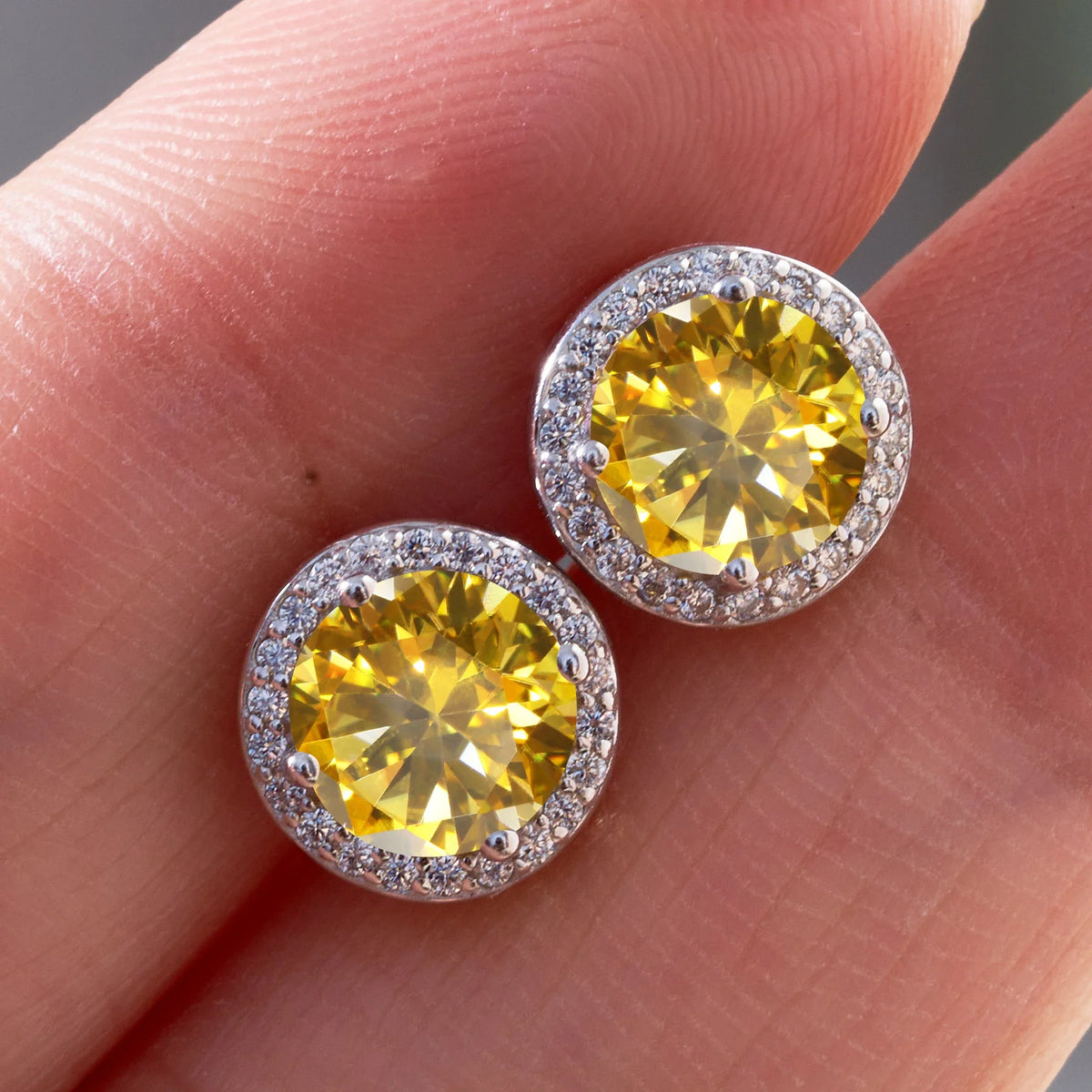 Colored Round Halo Moissanite Stud Earrings, 0.5 or 1 Carat
