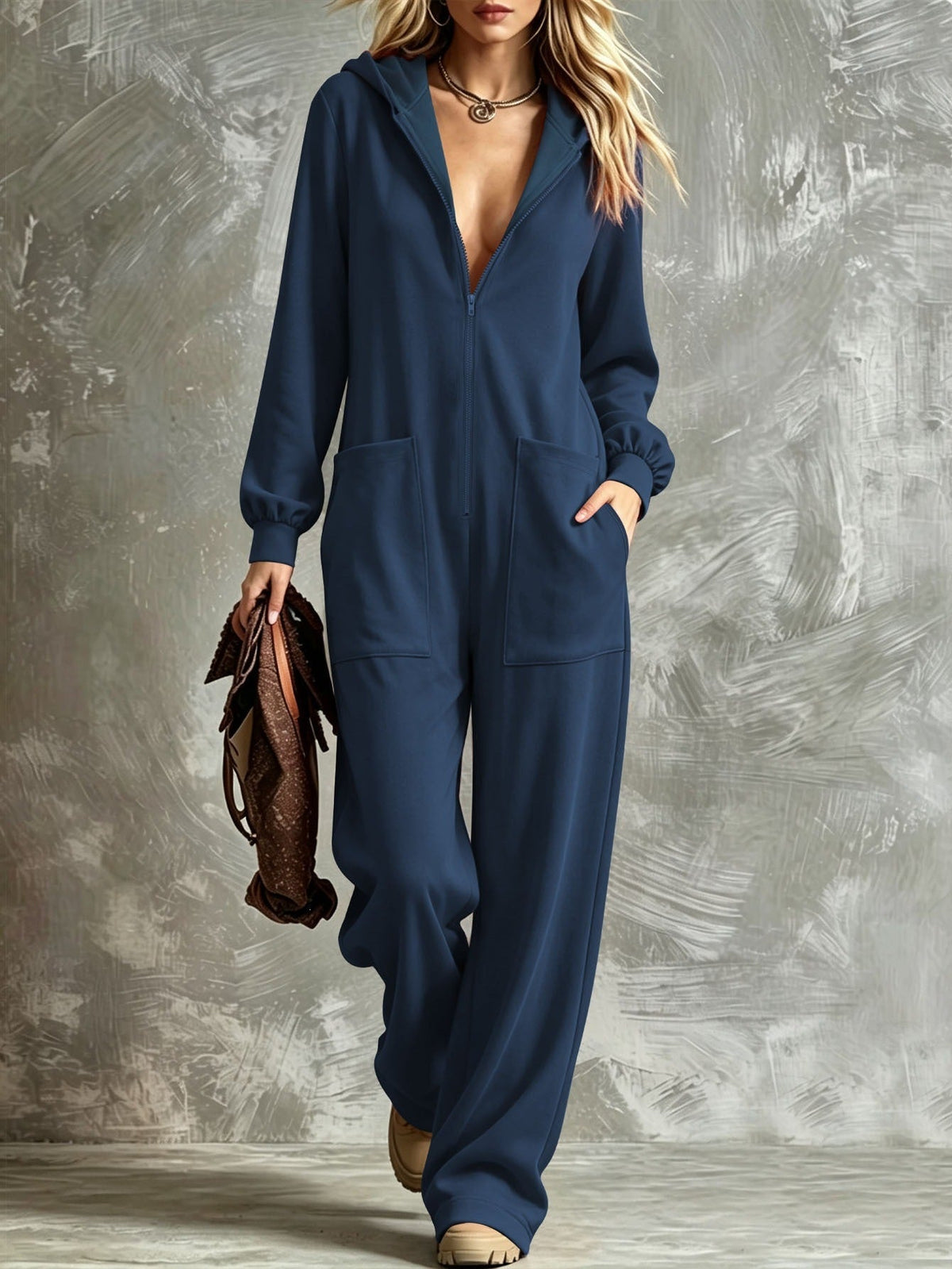 TUME Amazon Solid Color Plus Size Hooded Zipper Jumpsuit With Large Pockets, Loose Casual Home Straight-Leg Jumpsuit