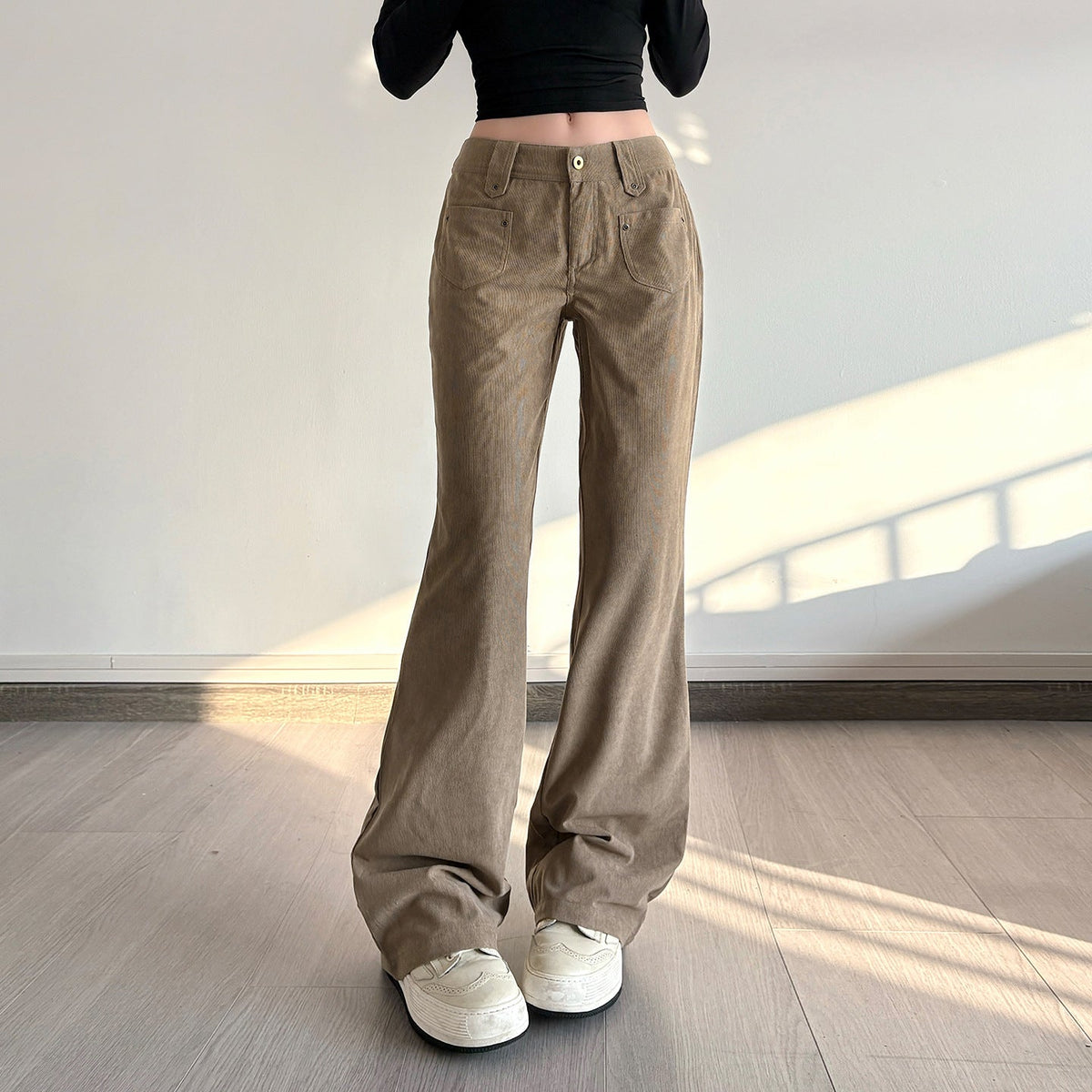 Vintage Solid-color Corduroy Slim-fit Slightly Flared Pants With Pocket Design