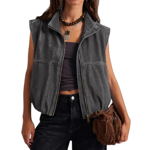 New Womens Zip-up Lapel Sleeveless Denim Vest