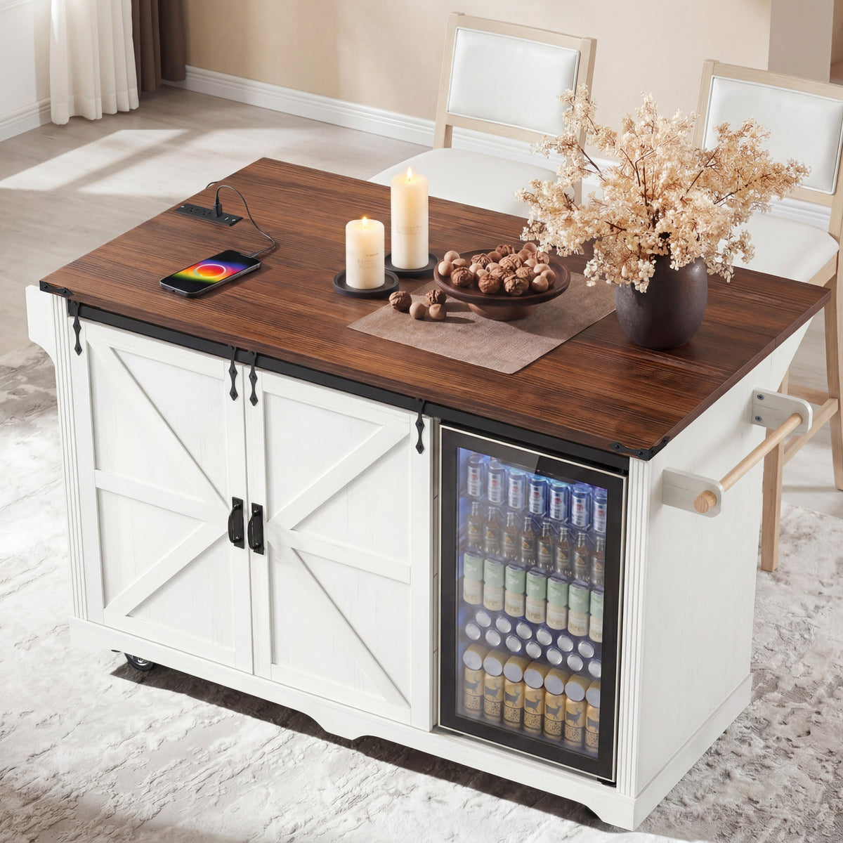 72" Farmhouse Kitchen Island with Fridge Storage and Power Outlets - Imitation Wood Grain