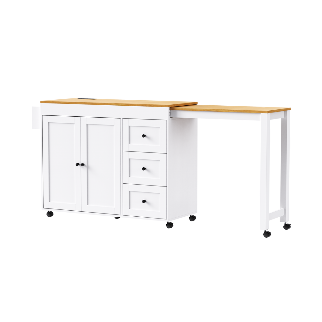 Kitchen Island with Extendable Dining Table and Power Outlet - White