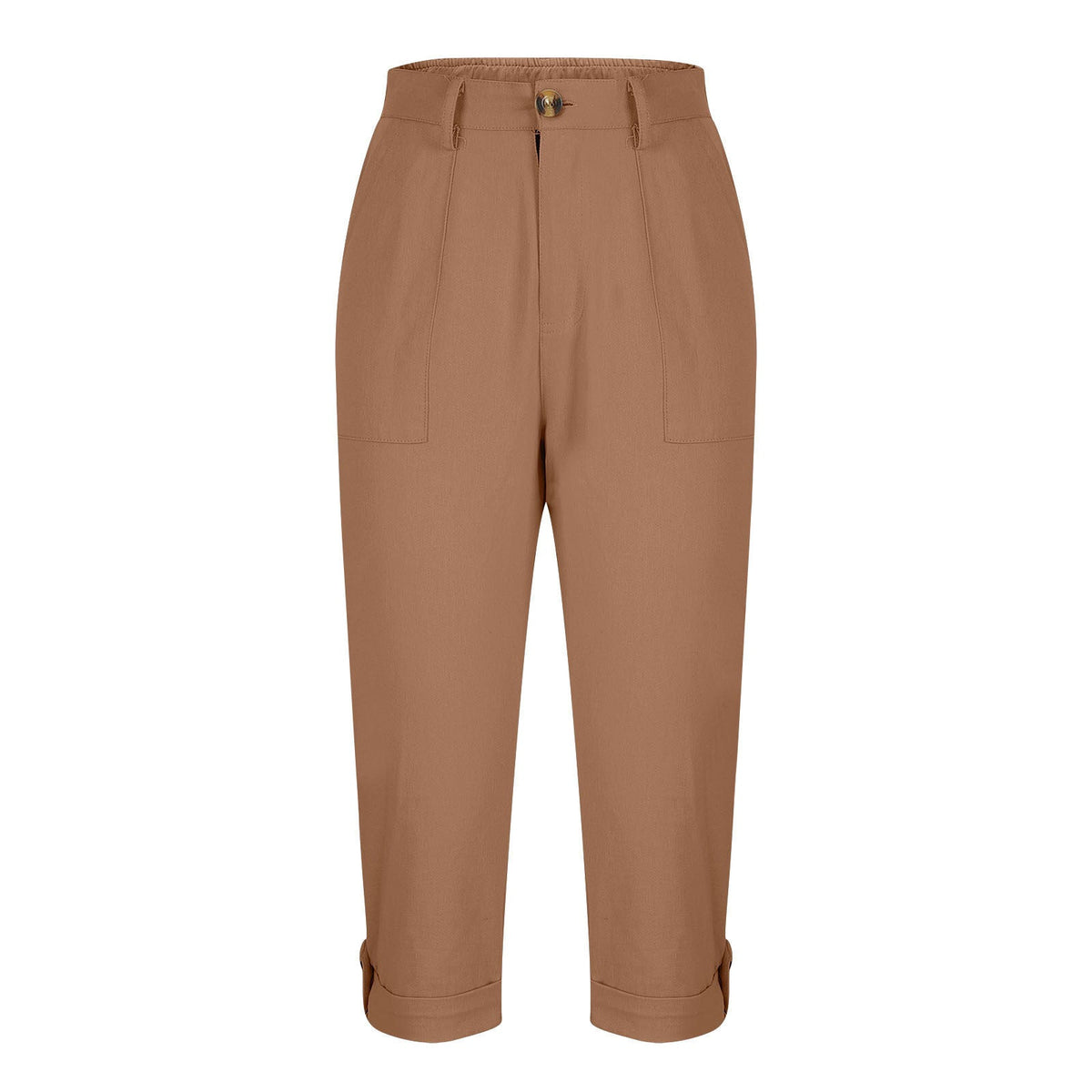 Cross-border Women's Solid Color Workwear Pants Waist Button Pants Ear Design Pants Leg Curled Women's Cropped Pants