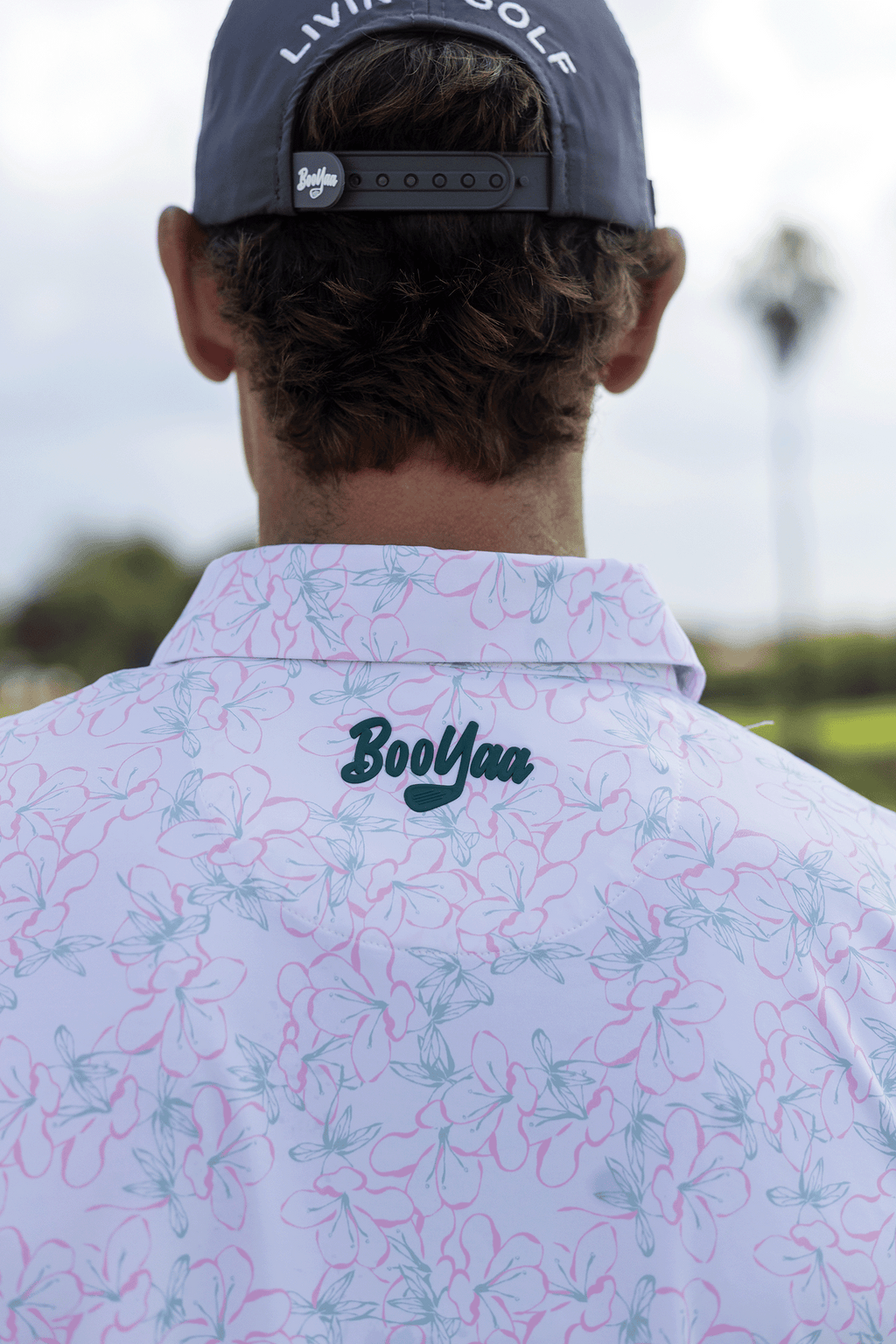 BooYaa Premium Men's Golf Polo, Rosebay White Floral Print, 4-Way Stretch, Moisture-Wicking