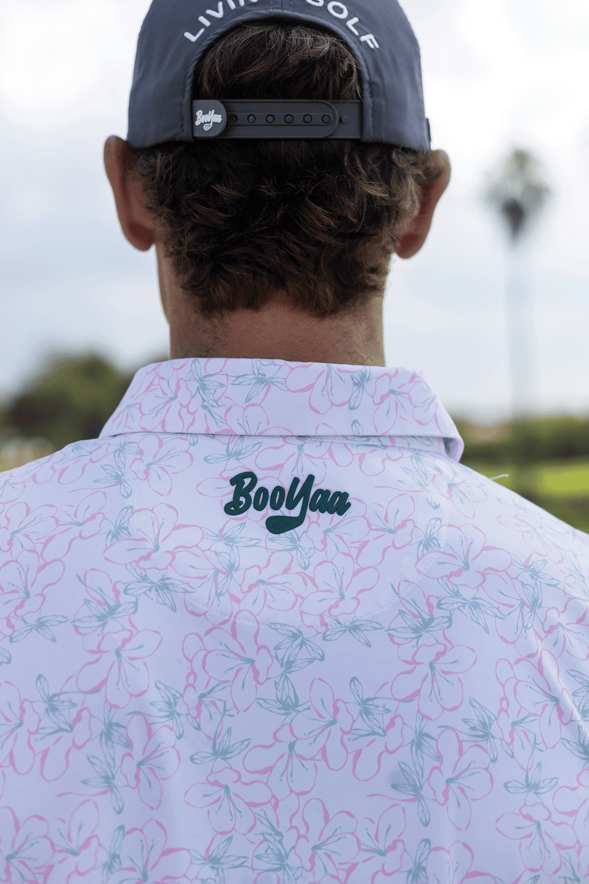BooYaa Premium Men's Golf Polo, Rosebay White Floral Print, 4-Way Stretch, Moisture-Wicking