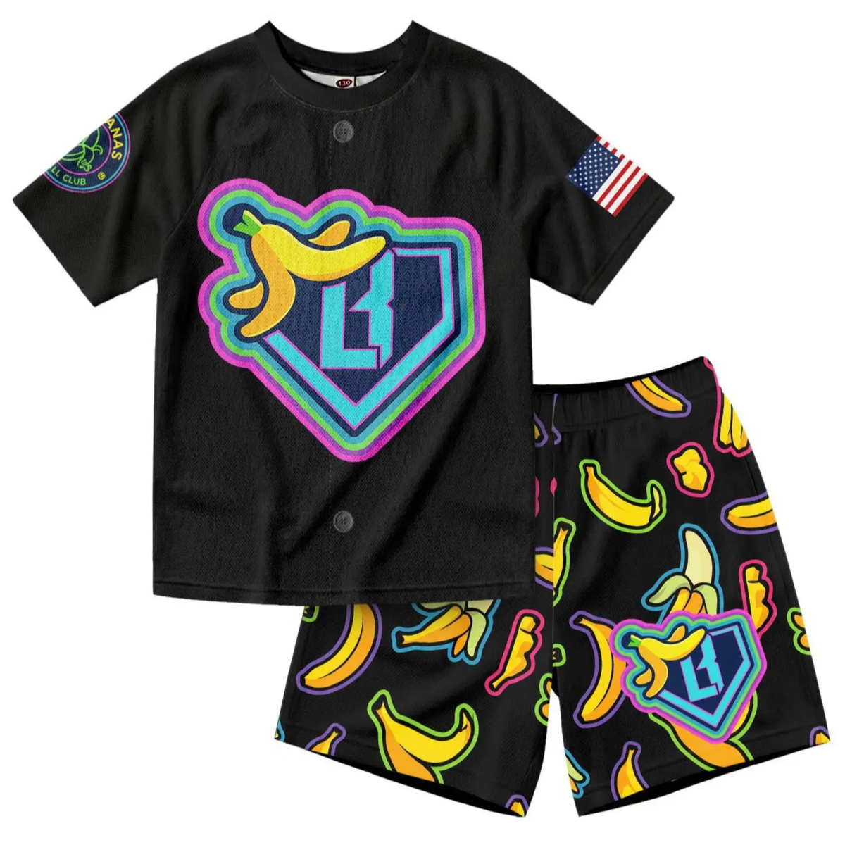 Retro Banana Dabbing American Flag Jersey Outfit – Toddler Quick-Dry Mesh Set, Patriotic 4th of July Kids Uniform