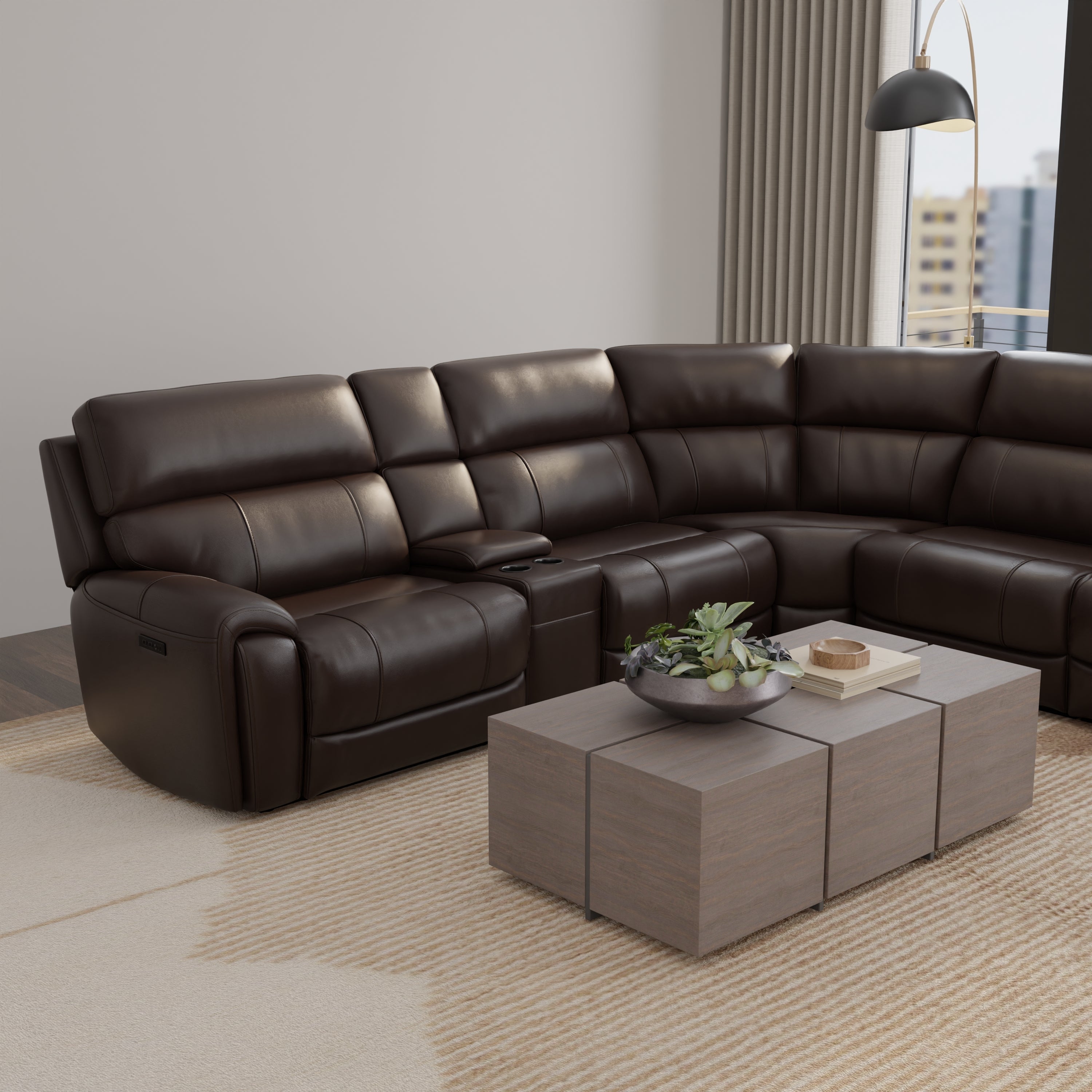 6-Piece Leather Power Sectional in Brazil Tobacco
