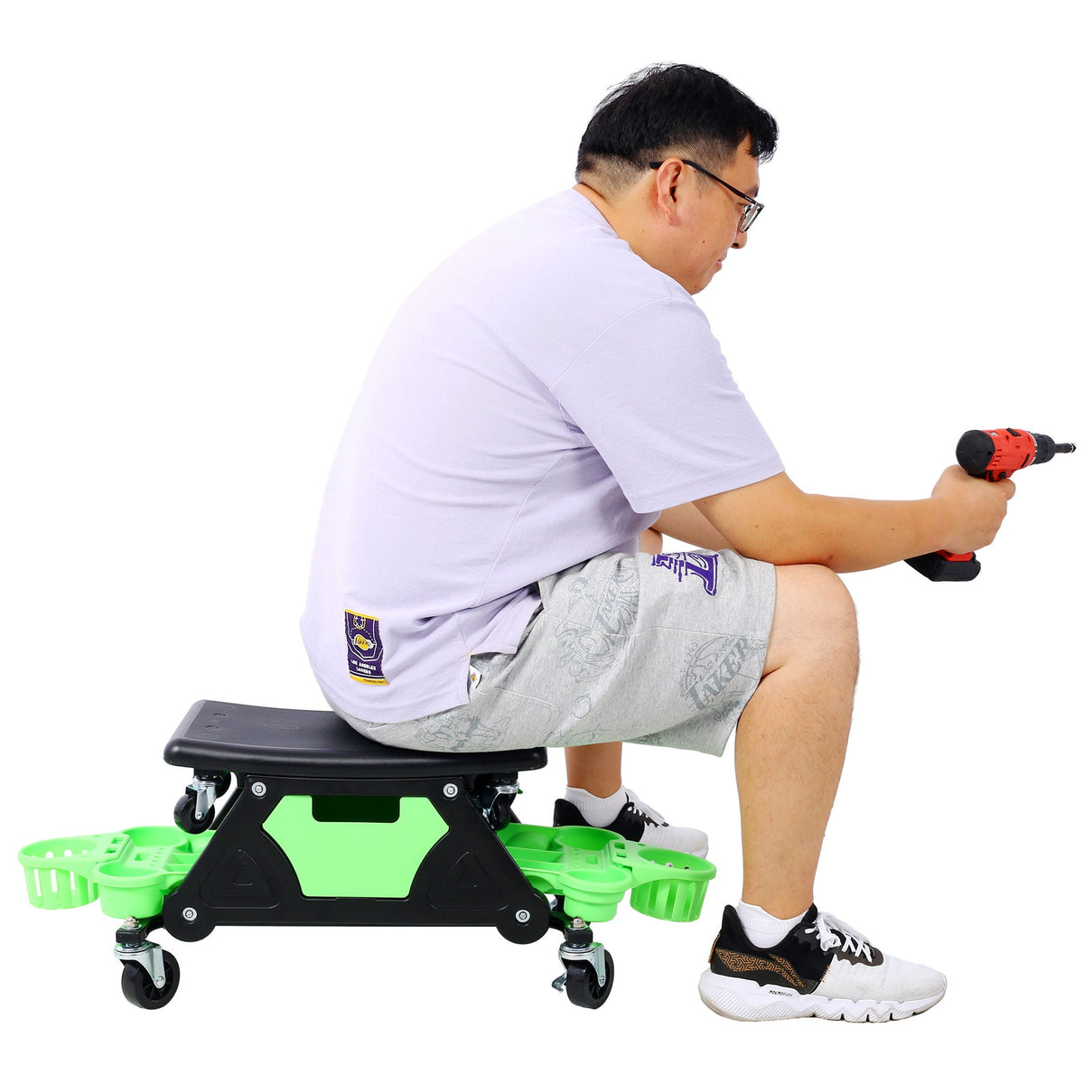 Rolling Detailing Creeper Seat with Removable Tool Trays - Green