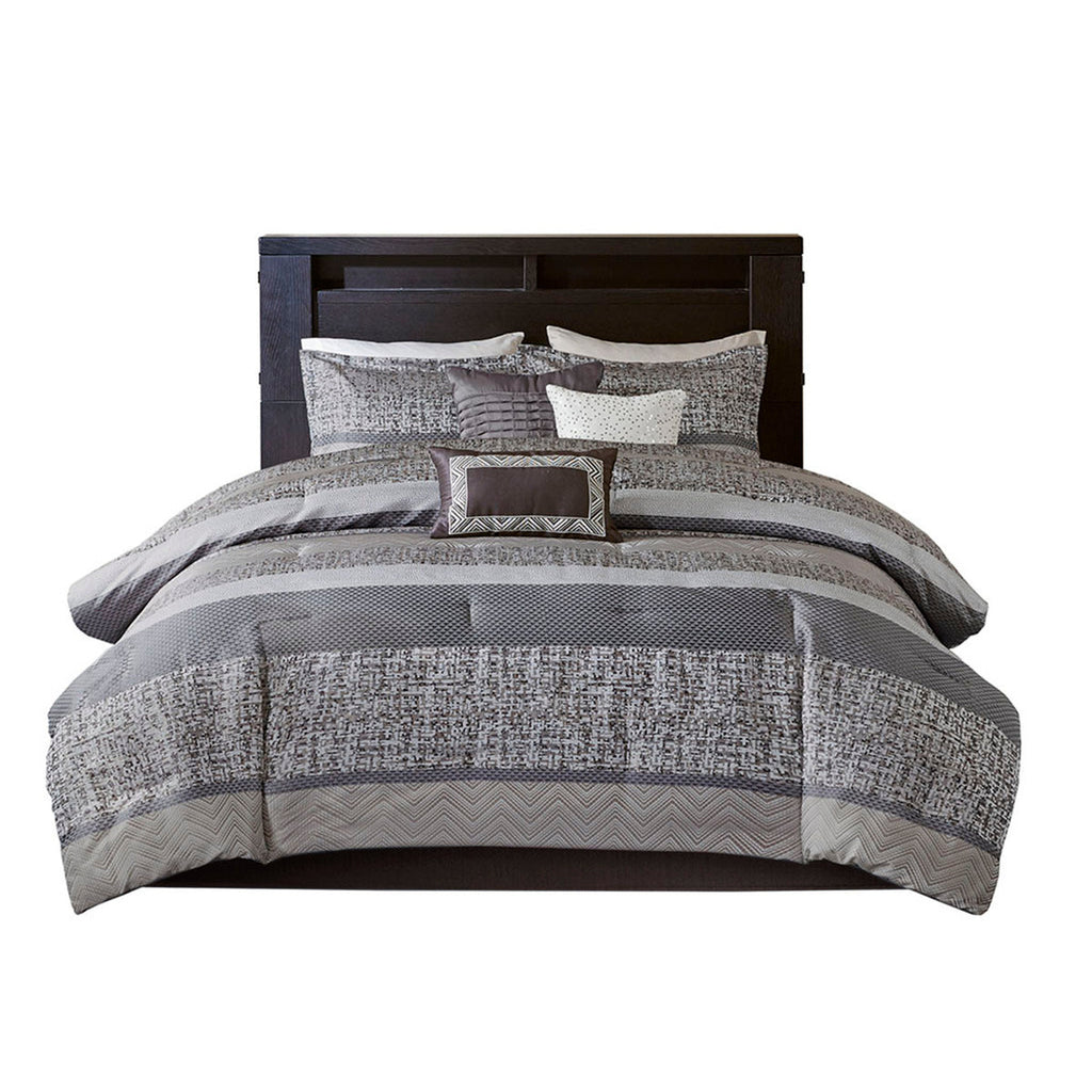 7 Piece Jacquard Comforter Set - Grey/Taupe - Queen