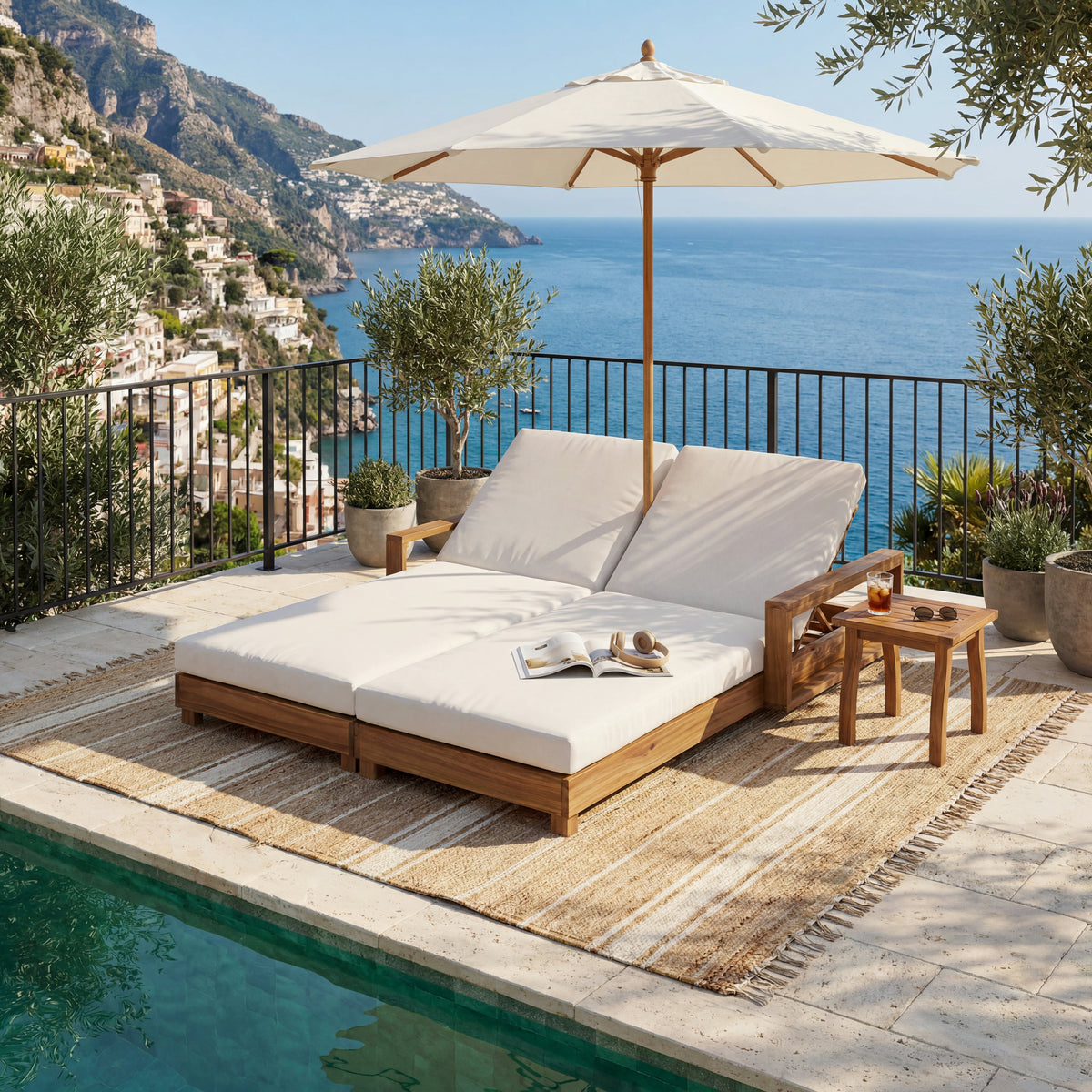 Double Acacia Wood Chaise Lounge Set with Four Reclining Positions - Natural Wood
