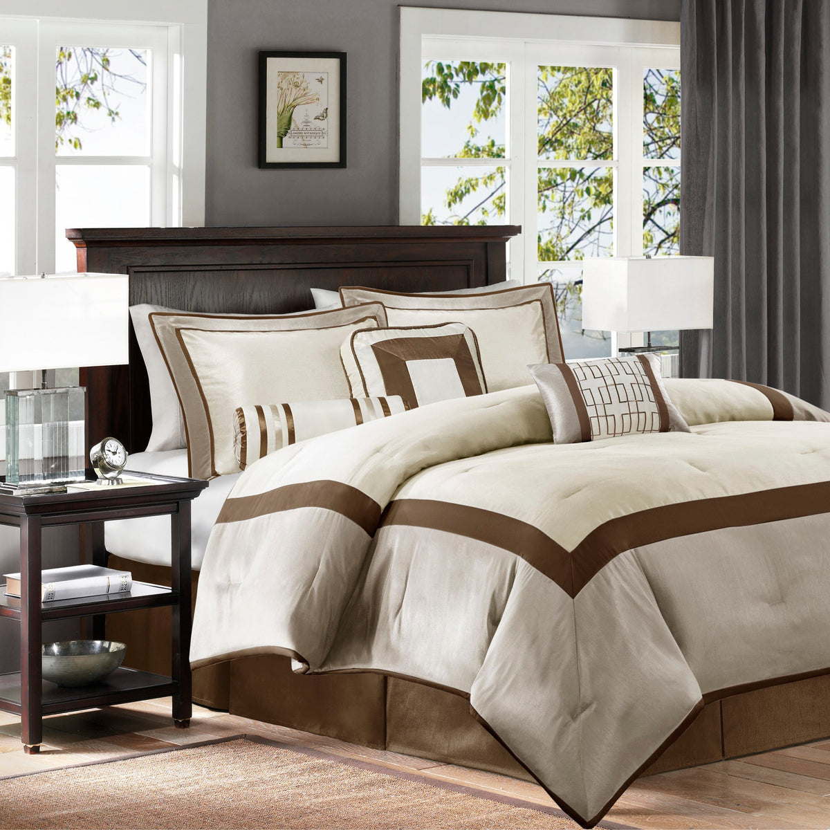 Taupe/Brown King 7 Piece Comforter Set with Elegant Polyester Construction