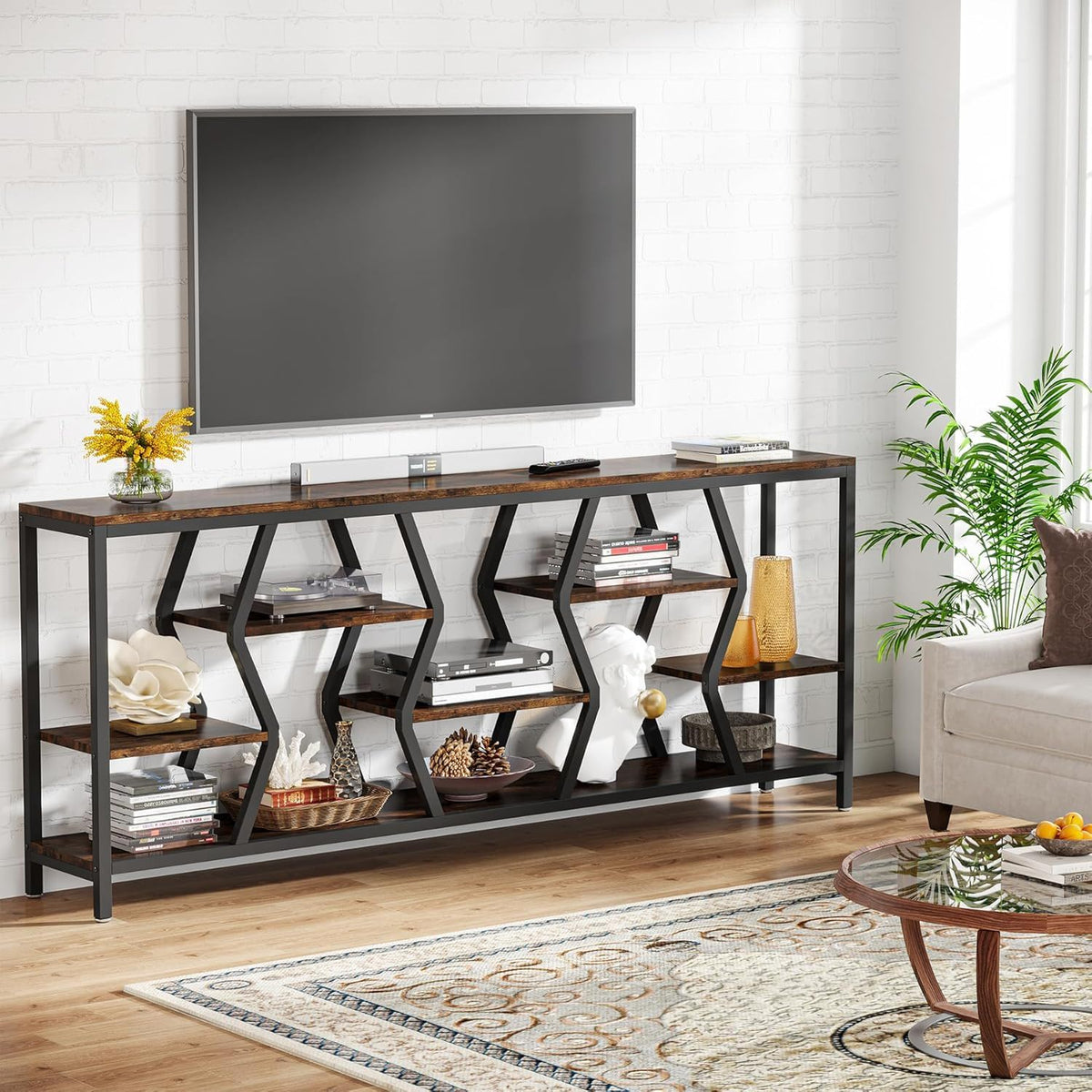 Tribesigns - Extra Long Narrow Sofa Console Table With 4 Tier Storage Shelves - Rustic Brown