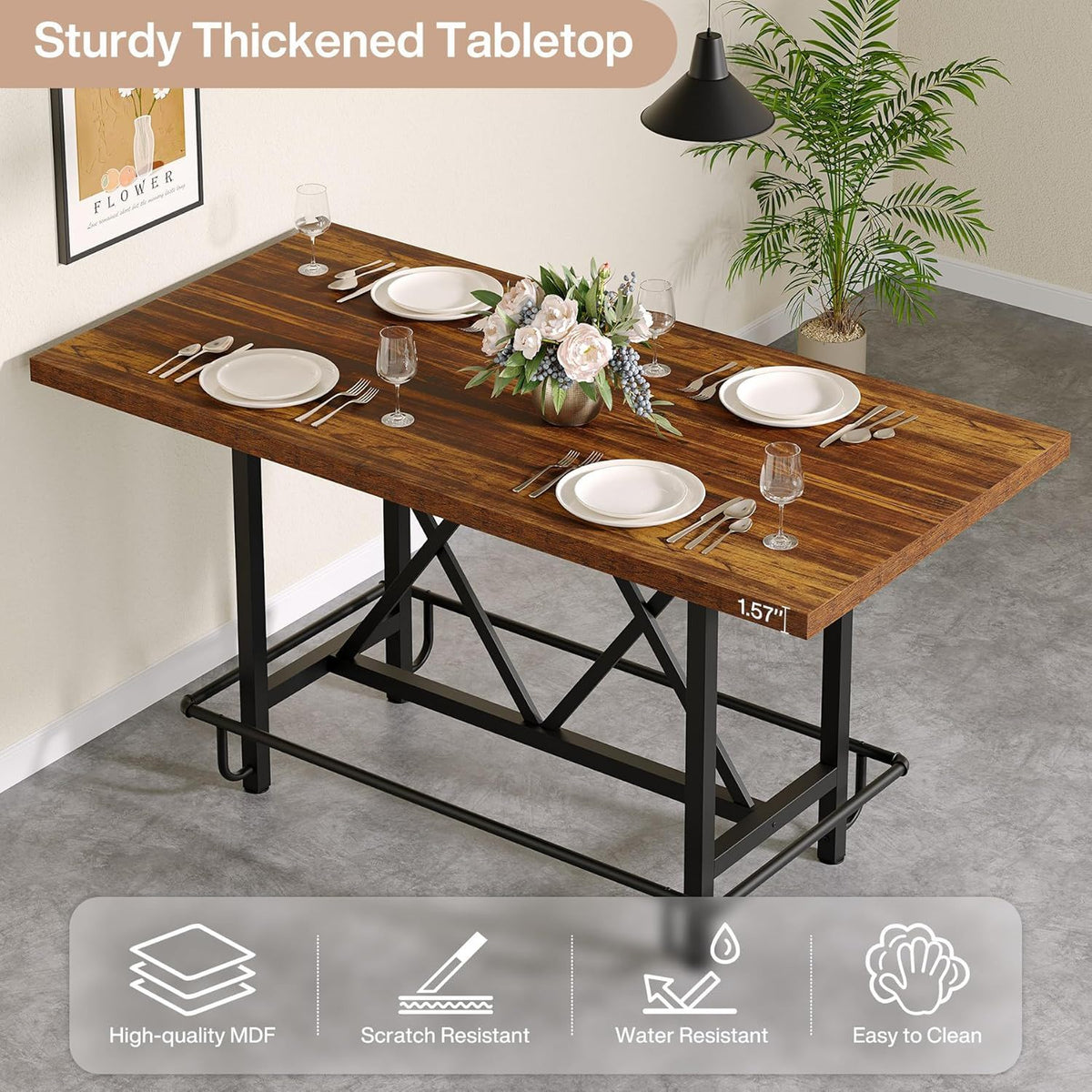 Counter Height Dining Rectangular Kitchen Table for 6 with Steel Frame - Brown / Black