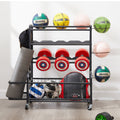 Four layer metal storage rack, large ball storage rack with rollers, baskets, and hooks