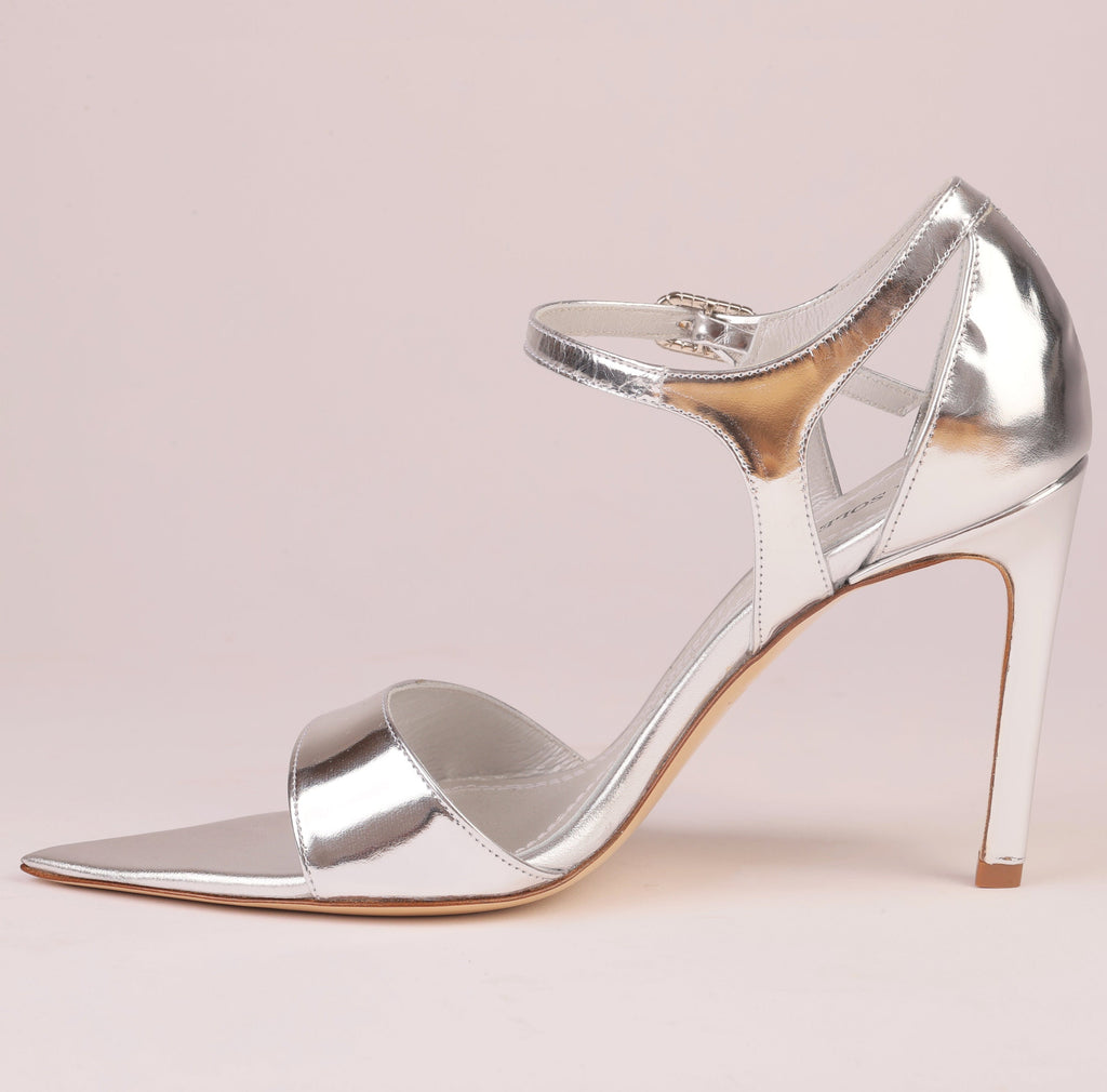 LUNA SILVER – Silver Mirror Nappa Sandal with Crystal Buckle