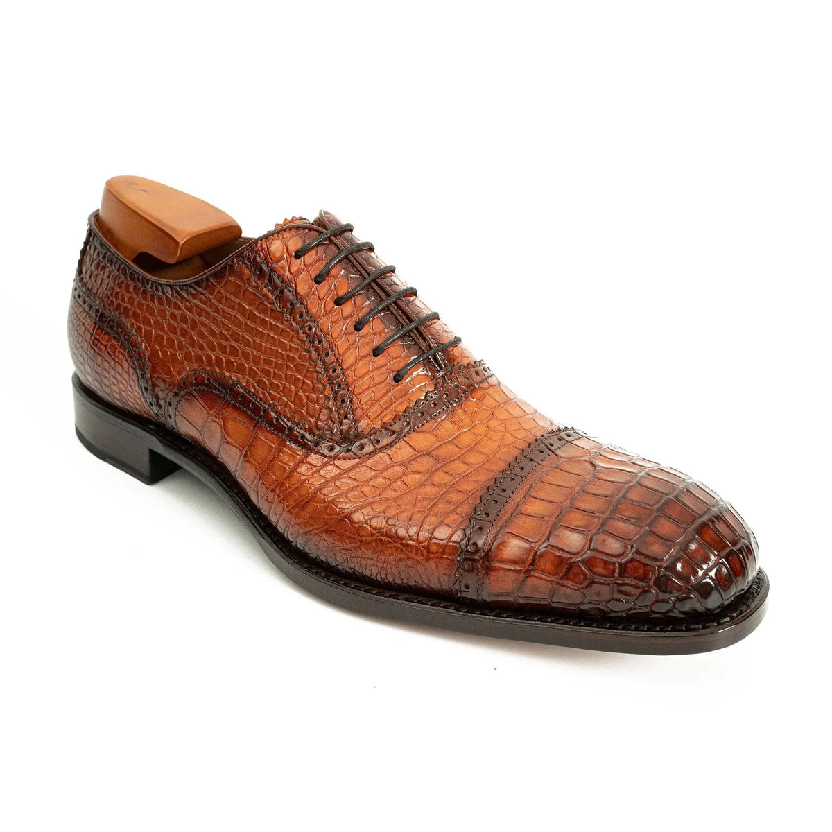 Orange-Brown Cap-Toe Oxford Shoes with Perforated Detail