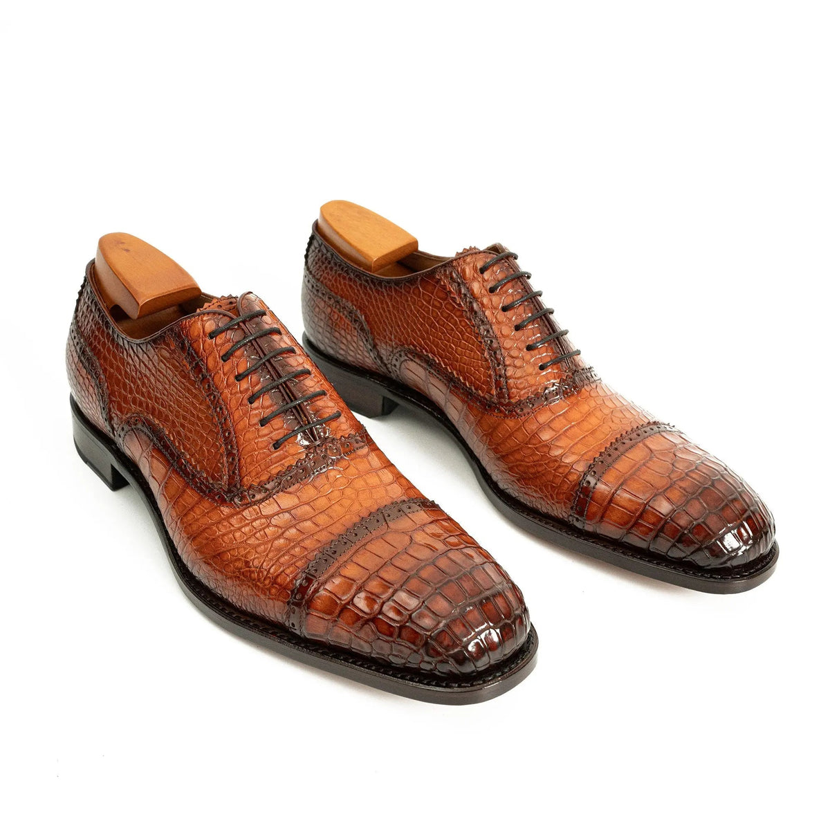 Orange-Brown Cap-Toe Oxford Shoes with Perforated Detail