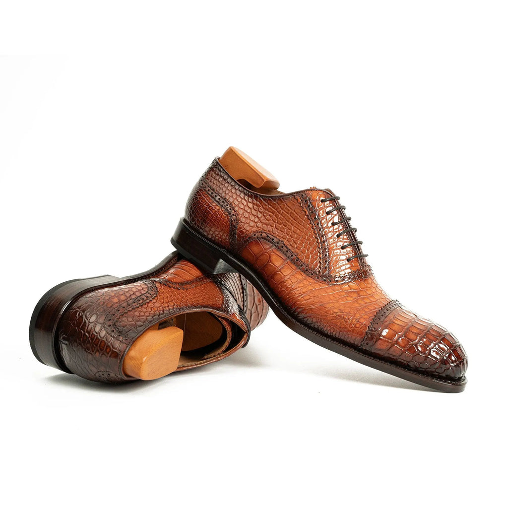 Orange-Brown Cap-Toe Oxford Shoes with Perforated Detail