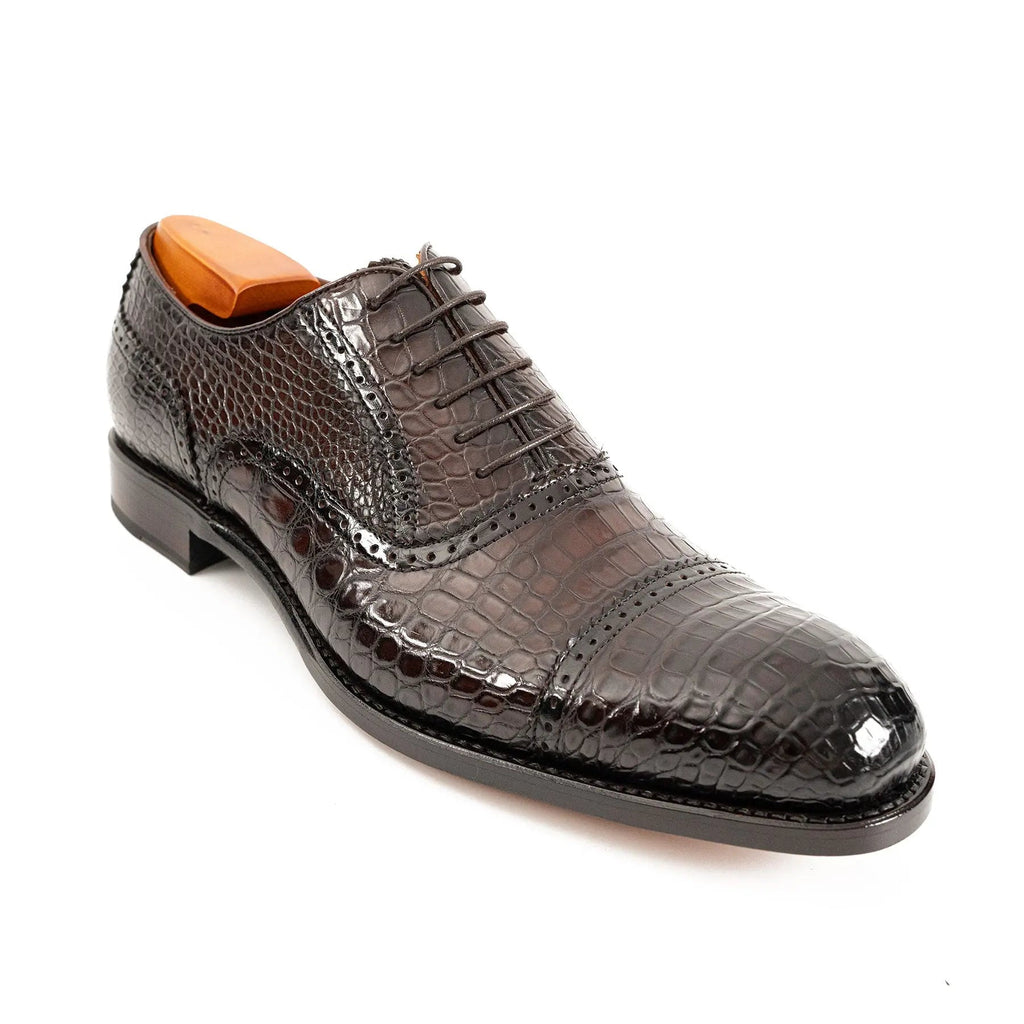 Dark Brown Cap-Toe Oxford Shoes with Perforated Detail